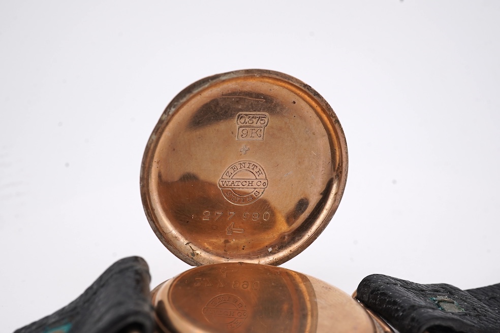 An early 20th century 9ct gold Zenith manual wind wrist watch, retailed by Favre Leuba, with Roman dial and subsidiary seconds, case diameter 28mm, on an associated leather strap. Condition - poor to fair